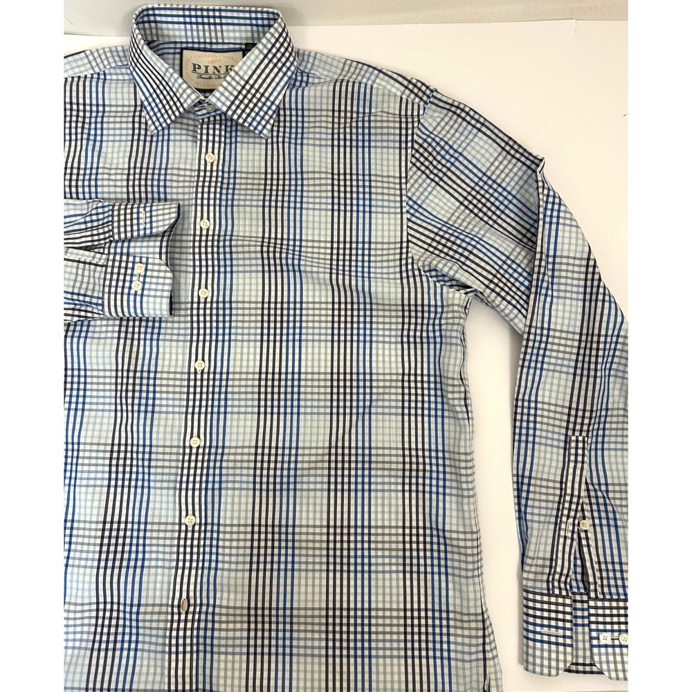 Thomas Pink Travelers Slim-Fit Blue Glen Plaid Cotton Dress Shirt Sz 17